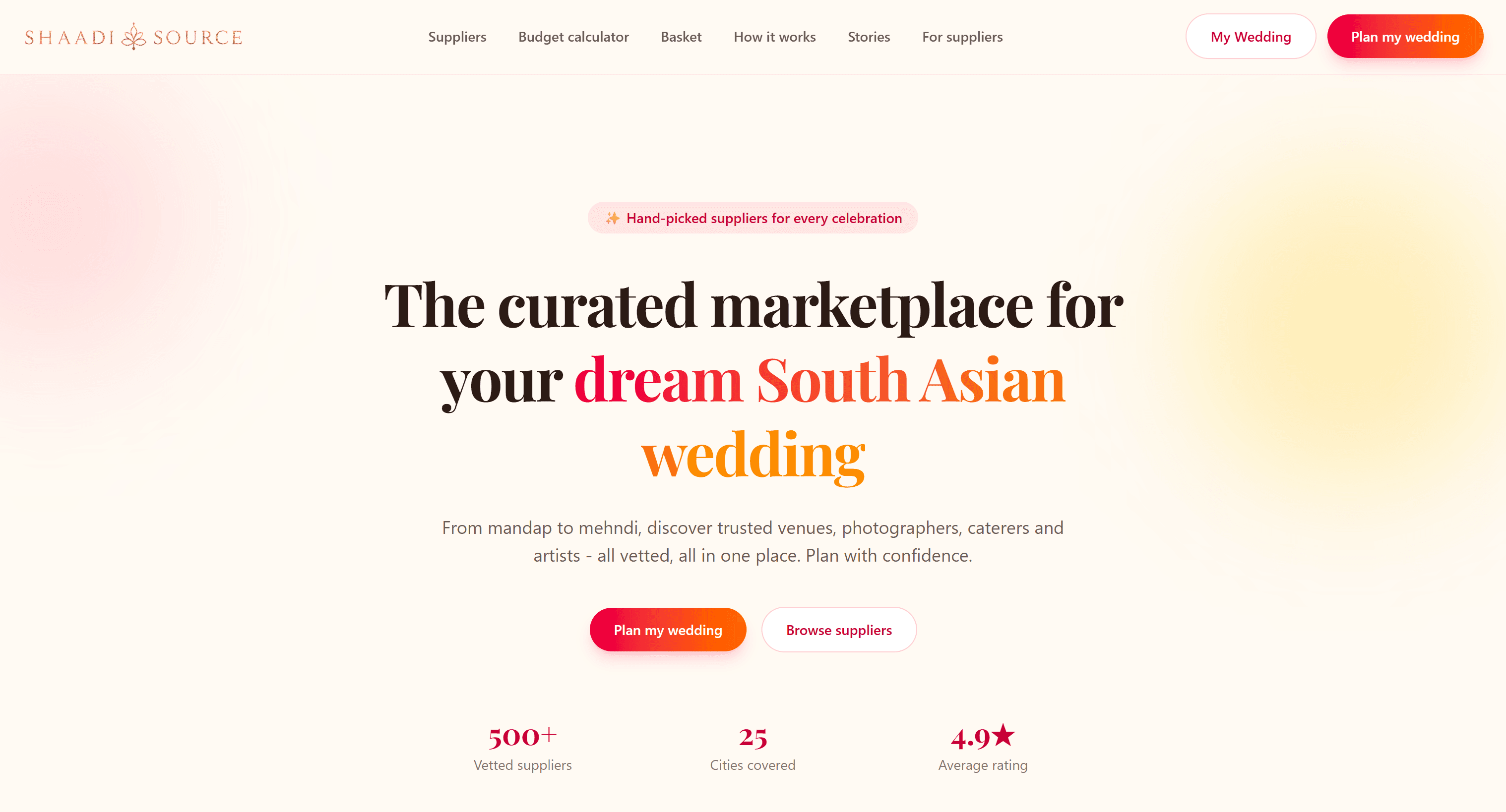 The Shaadi Source marketplace homepage, with navigation for suppliers, a budget calculator, a basket, how it works, stories and a section for suppliers.